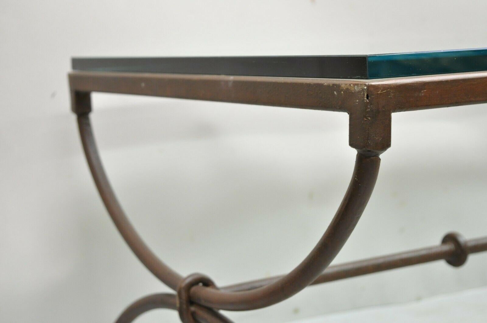 Italian Hollywood Regency Iron X- Frame Glass Top Rectangular Coffee Table For Sale 1