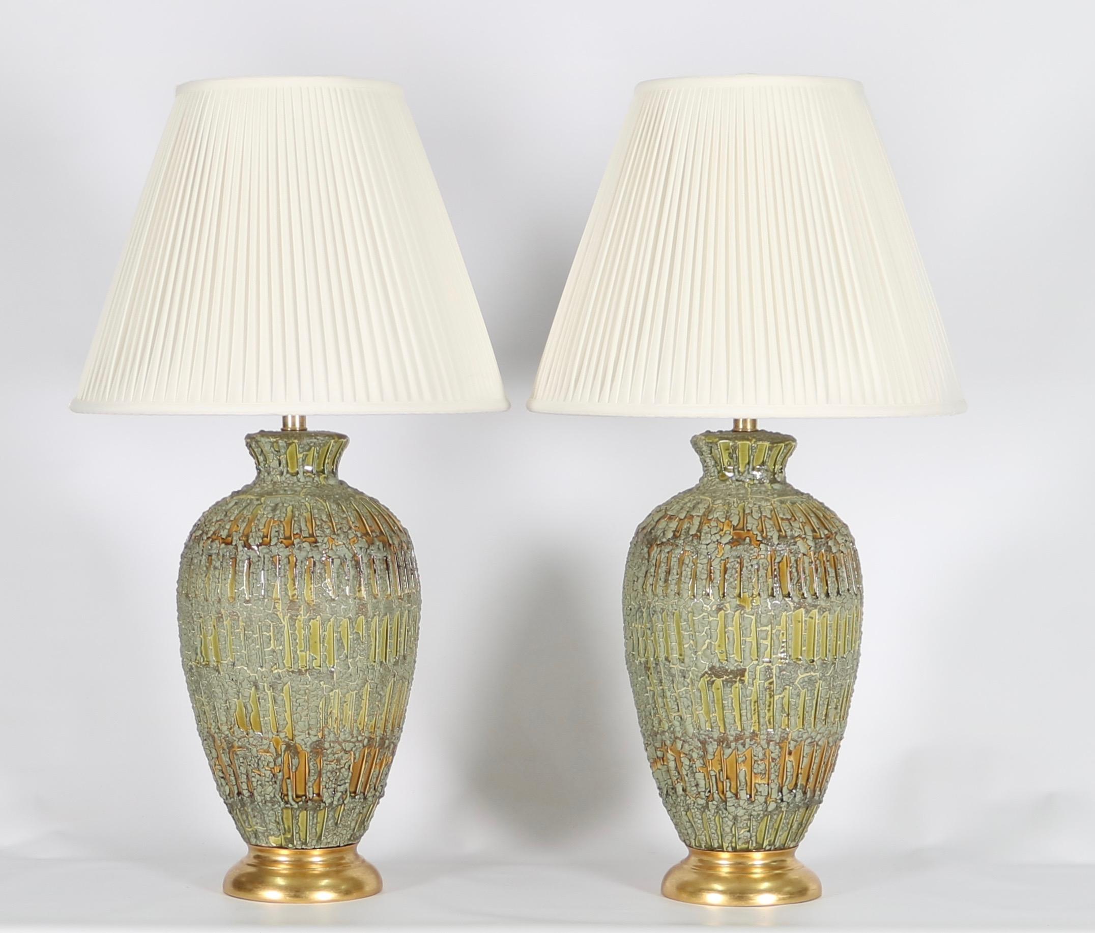Mid-20th Century Italian Hollywood Regency Lamps Lava Glazed in Green and Gold Tones