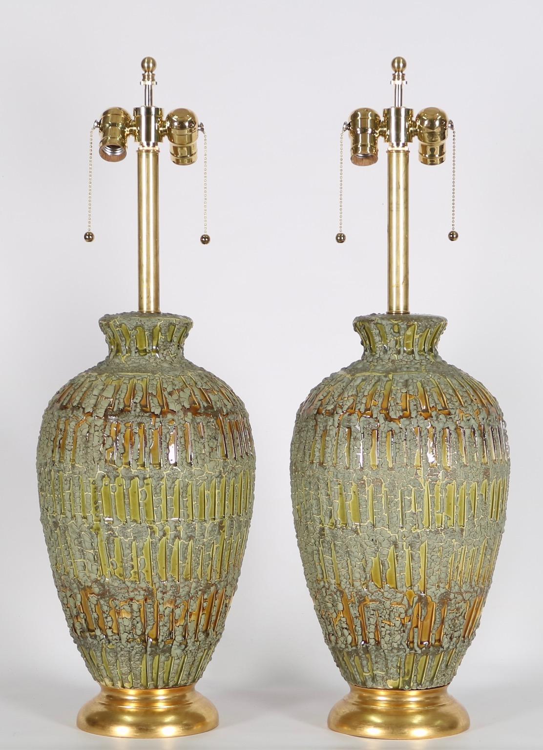 Ceramic Italian Hollywood Regency Lamps Lava Glazed in Green and Gold Tones