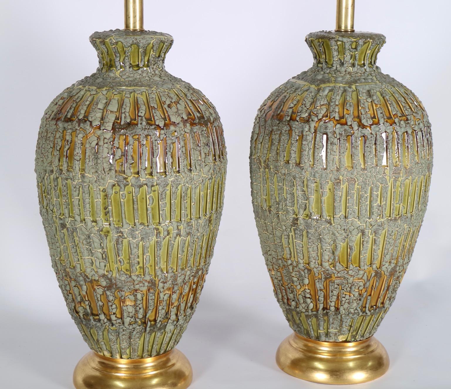 Italian Hollywood Regency Lamps Lava Glazed in Green and Gold Tones 1