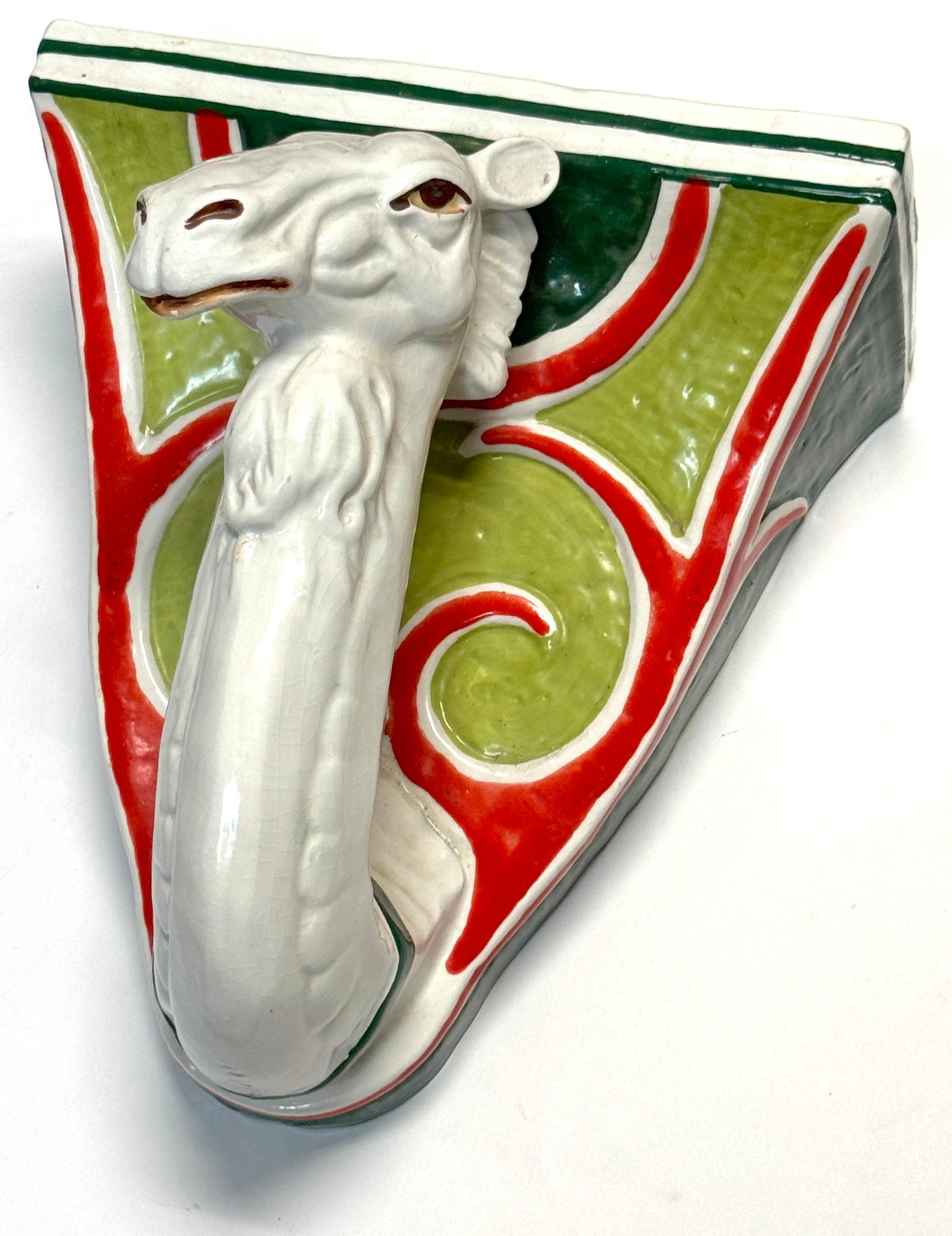 Hand-Painted Italian Hollywood Regency Majolica Camel Head Wall Bracket / Shelf. Circa 1970s For Sale