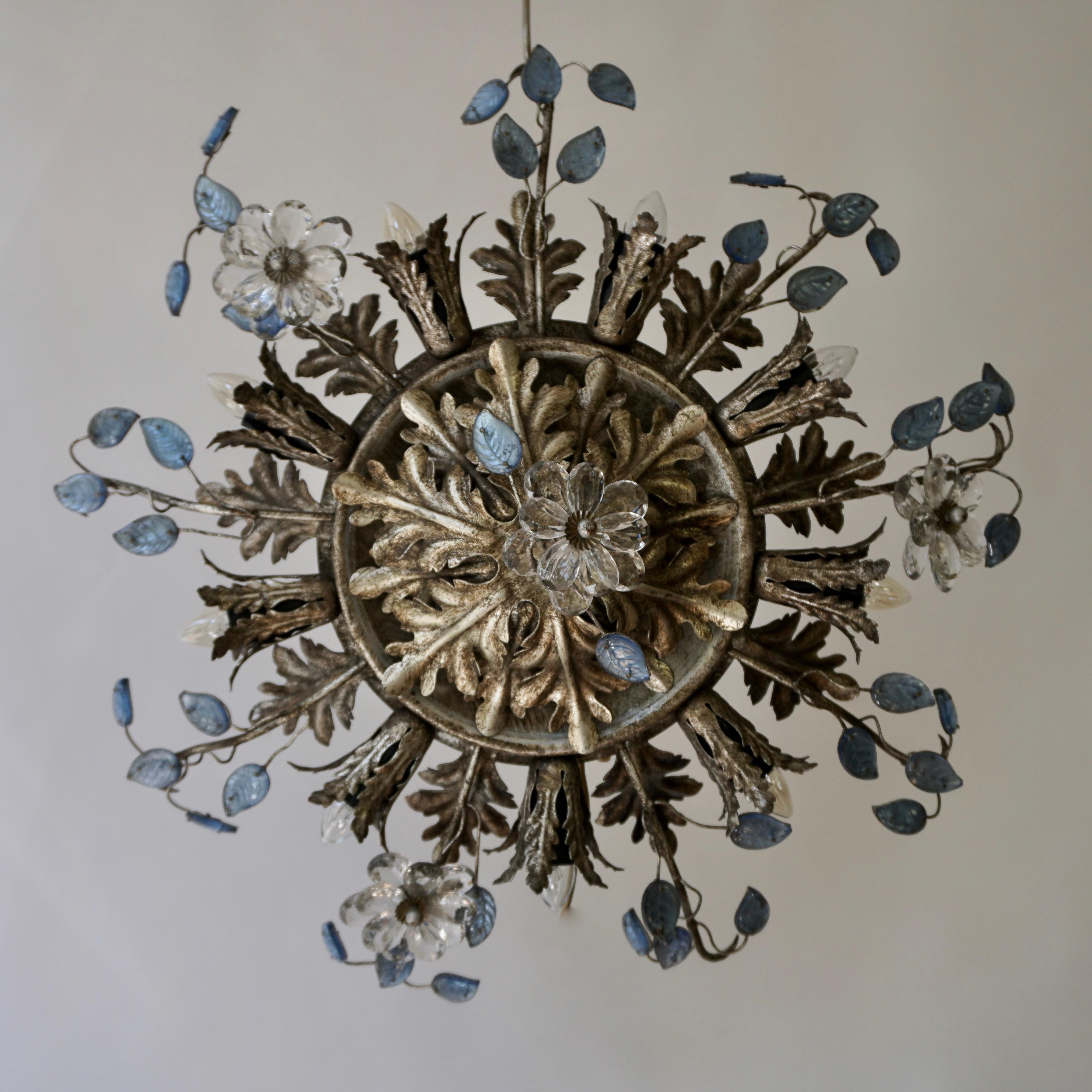 Murano Glass Italian Hollywood Regency Metal and Glass Flush Mount or Ceiling Lamp, 1970s