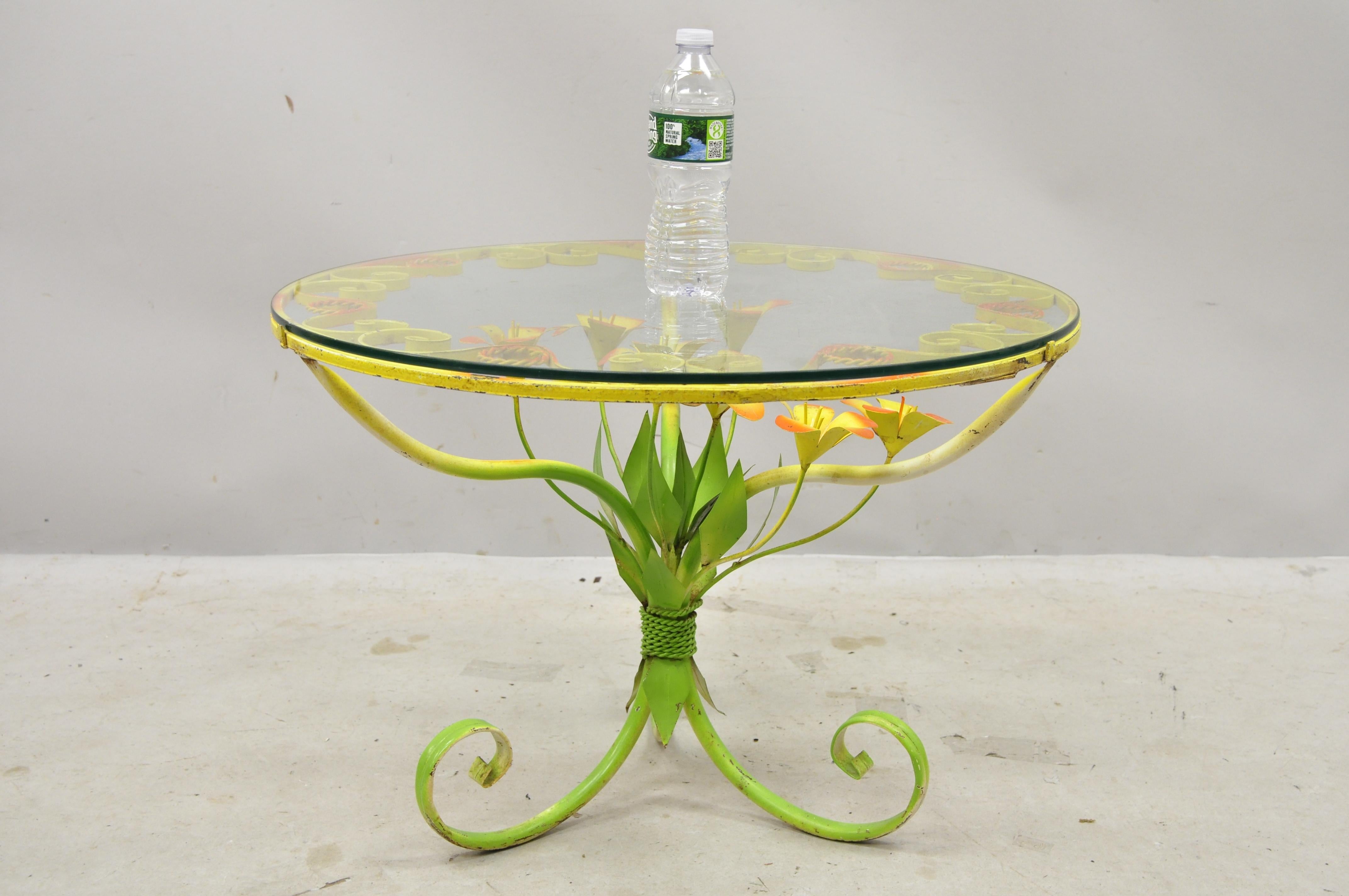 Italian Hollywood Regency Orange Yellow Round Iron Flower Small Coffee Table For Sale 5