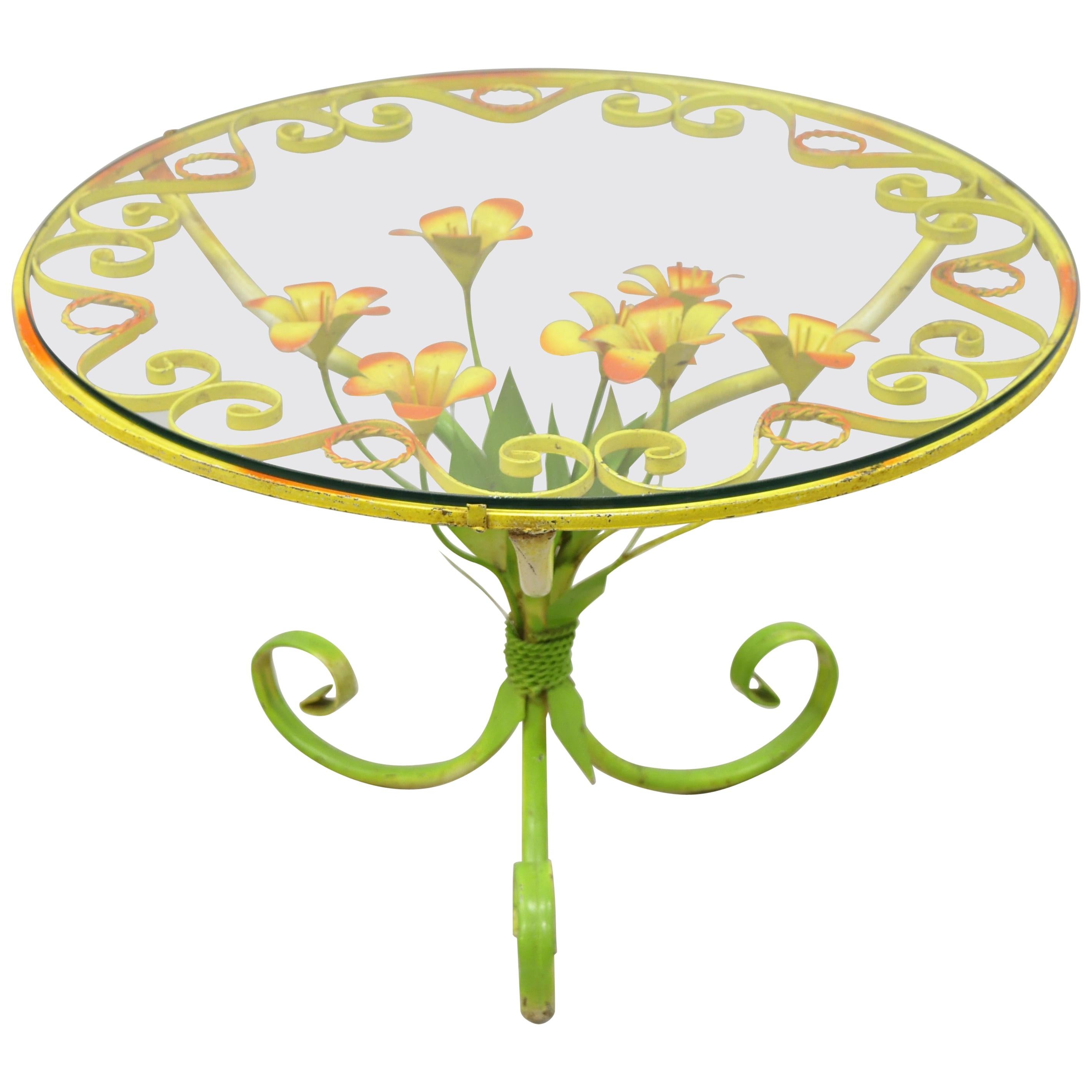 Petite table basse ronde italienne Hollywood Regency orange et jaune avec fleurs