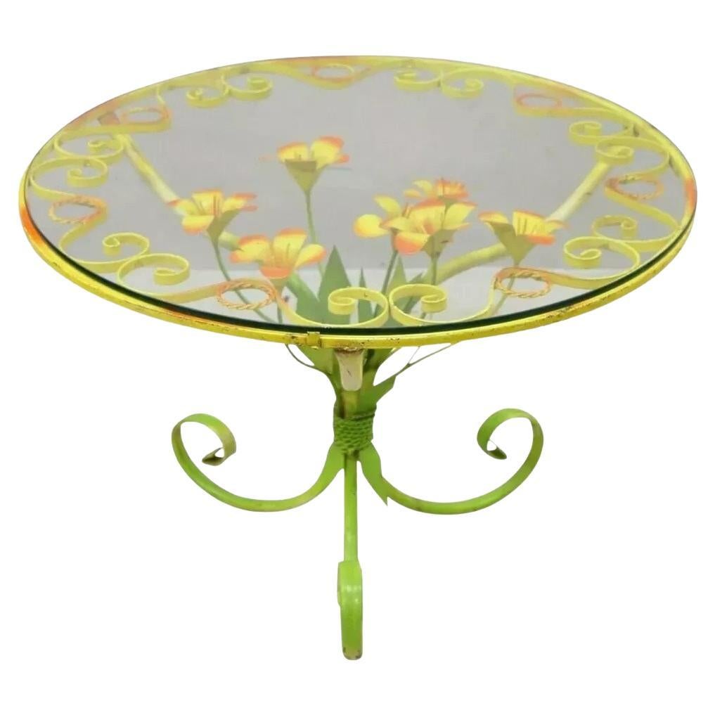 Italienisch Hollywood Regency Orange Gelb 25" Runde Eisen Blume kleinen Couchtisch