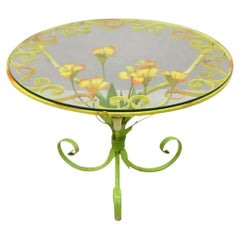 Vintage Italian Hollywood Regency Orange Yellow 25" Round Iron Flower Small Coffee Table