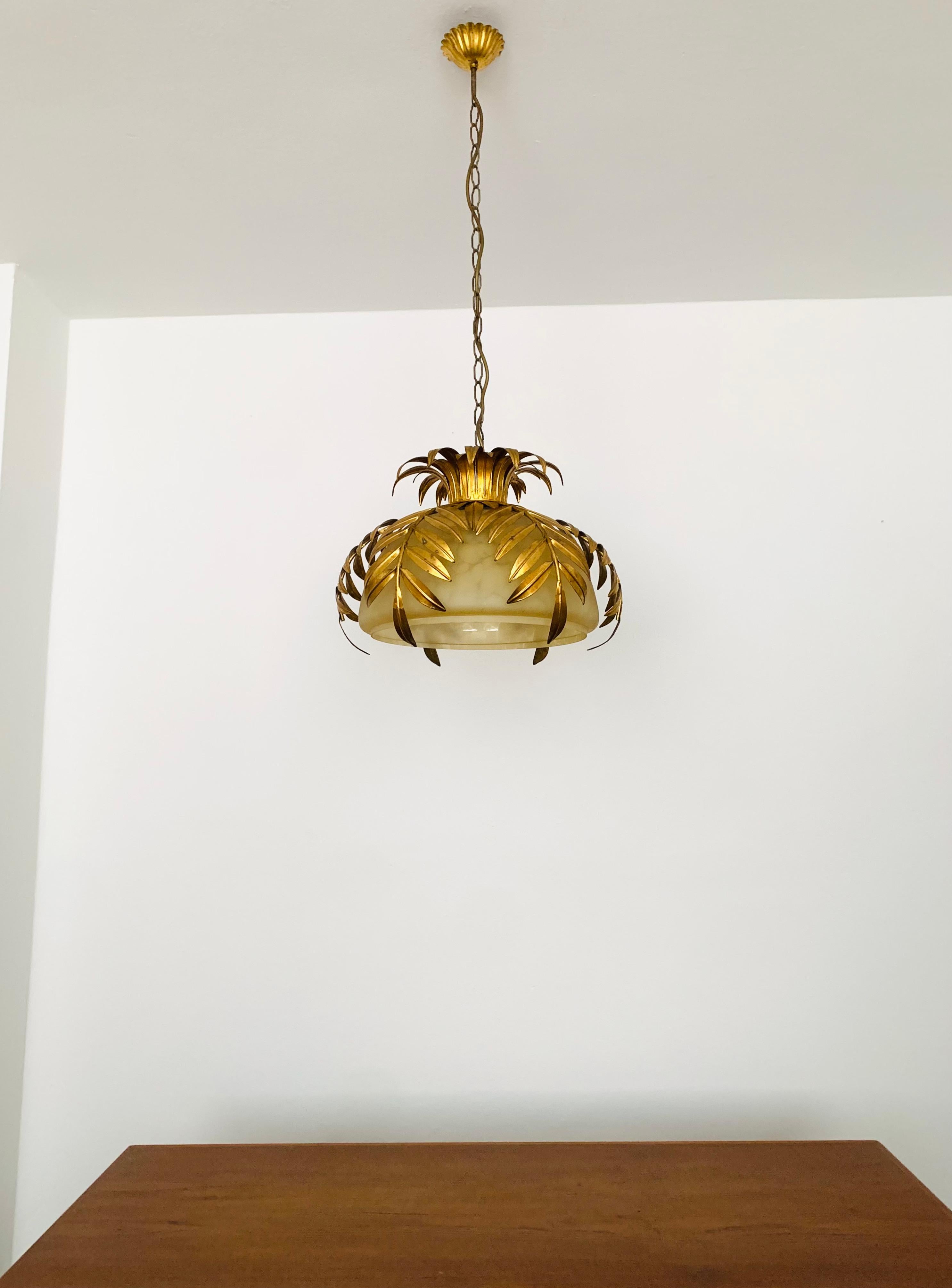 Metal Italian Hollywood Regency Palm Leaf Pendant Lamp by Hans Kögl For Sale