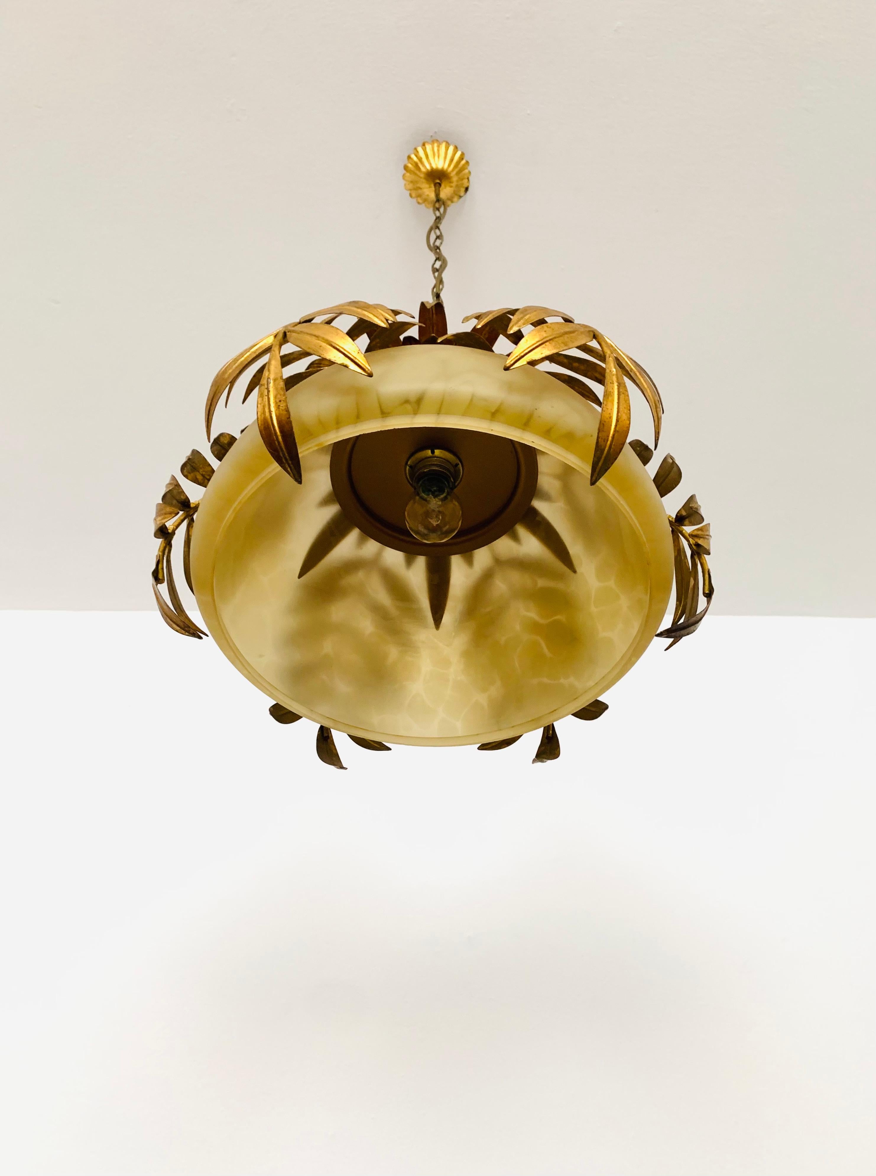 Italian Hollywood Regency Palm Leaf Pendant Lamp by Hans Kögl For Sale 1