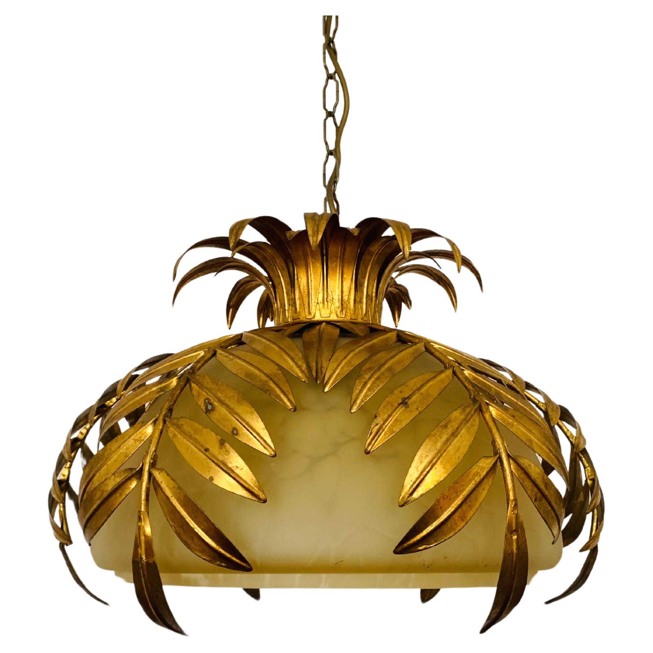 Italian Hollywood Regency Palm Leaf Pendant Lamp by Hans Kögl For Sale