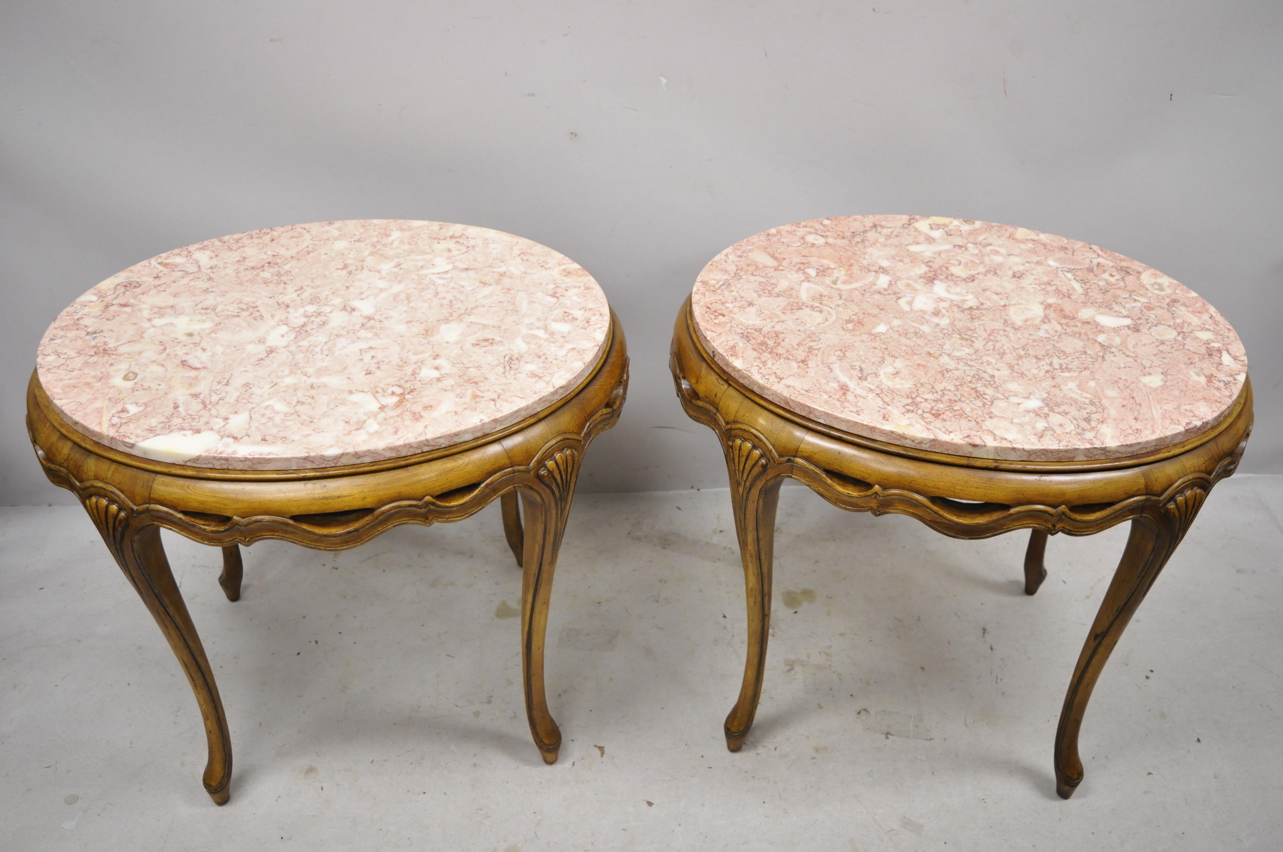 Italian Hollywood Regency Pink Oval Marble Pretzel Carved Side End Tables, Pair 8