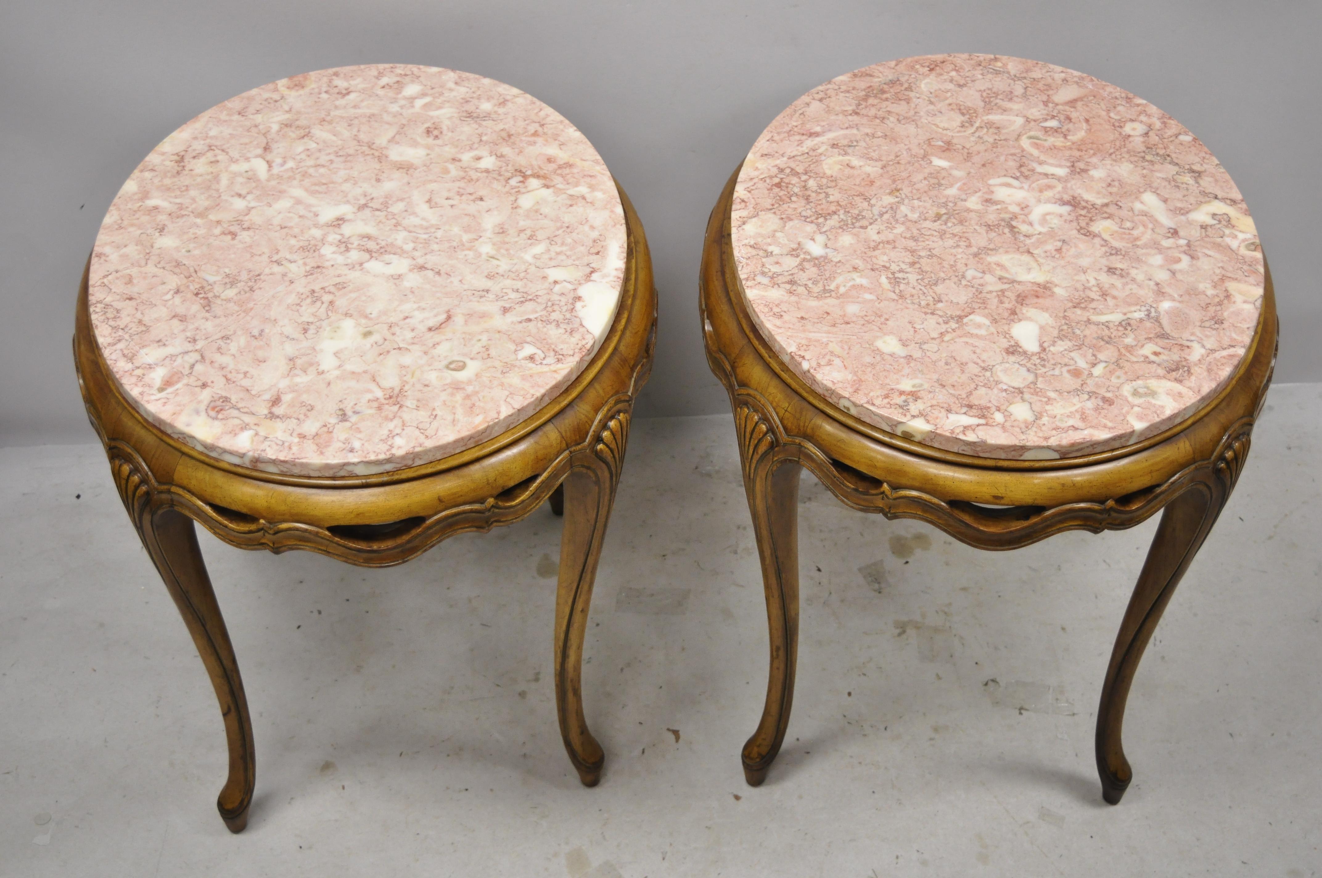 Italian Hollywood Regency Pink Oval Marble Pretzel Carved Side End Tables, Pair In Good Condition In Philadelphia, PA