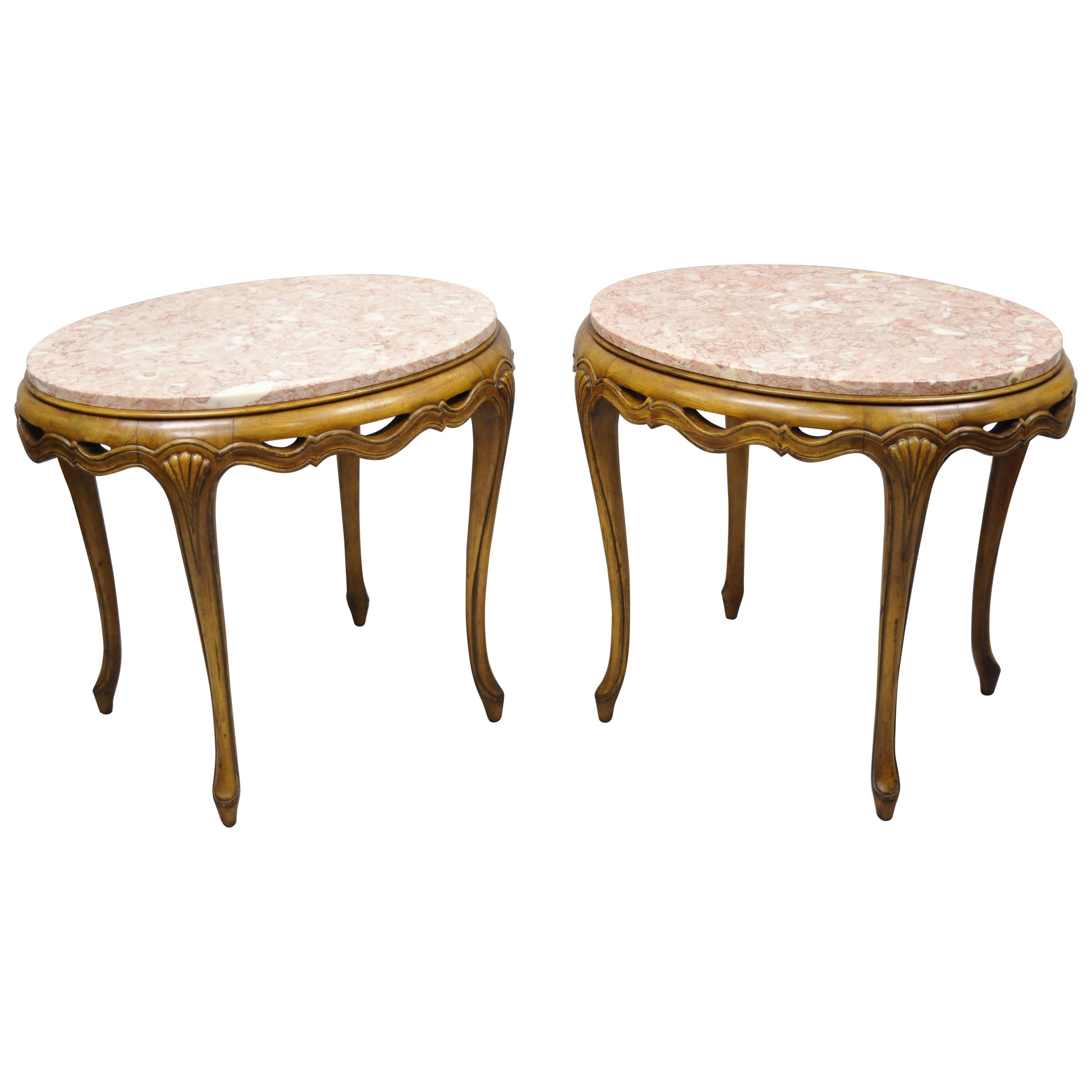 Italian Hollywood Regency Pink Oval Marble Pretzel Carved Side End Tables, Pair