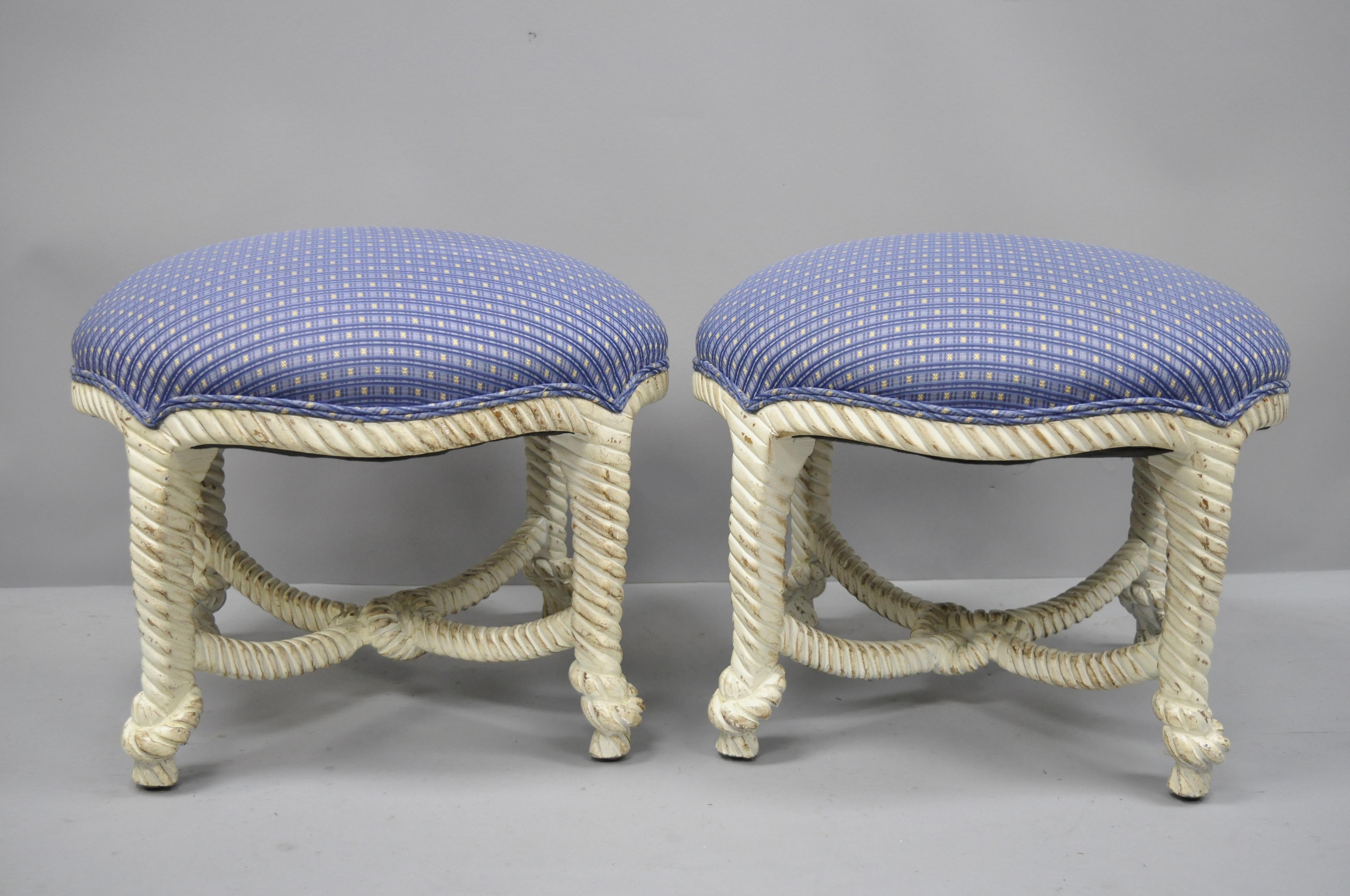 Italian Hollywood Regency white rope and knot carved wood pairs stools Napoleon III style. Item features round seats, carved knot stretcher, rope and knot carved legs, solid wood construction, distressed finish, nicely carved details, great style