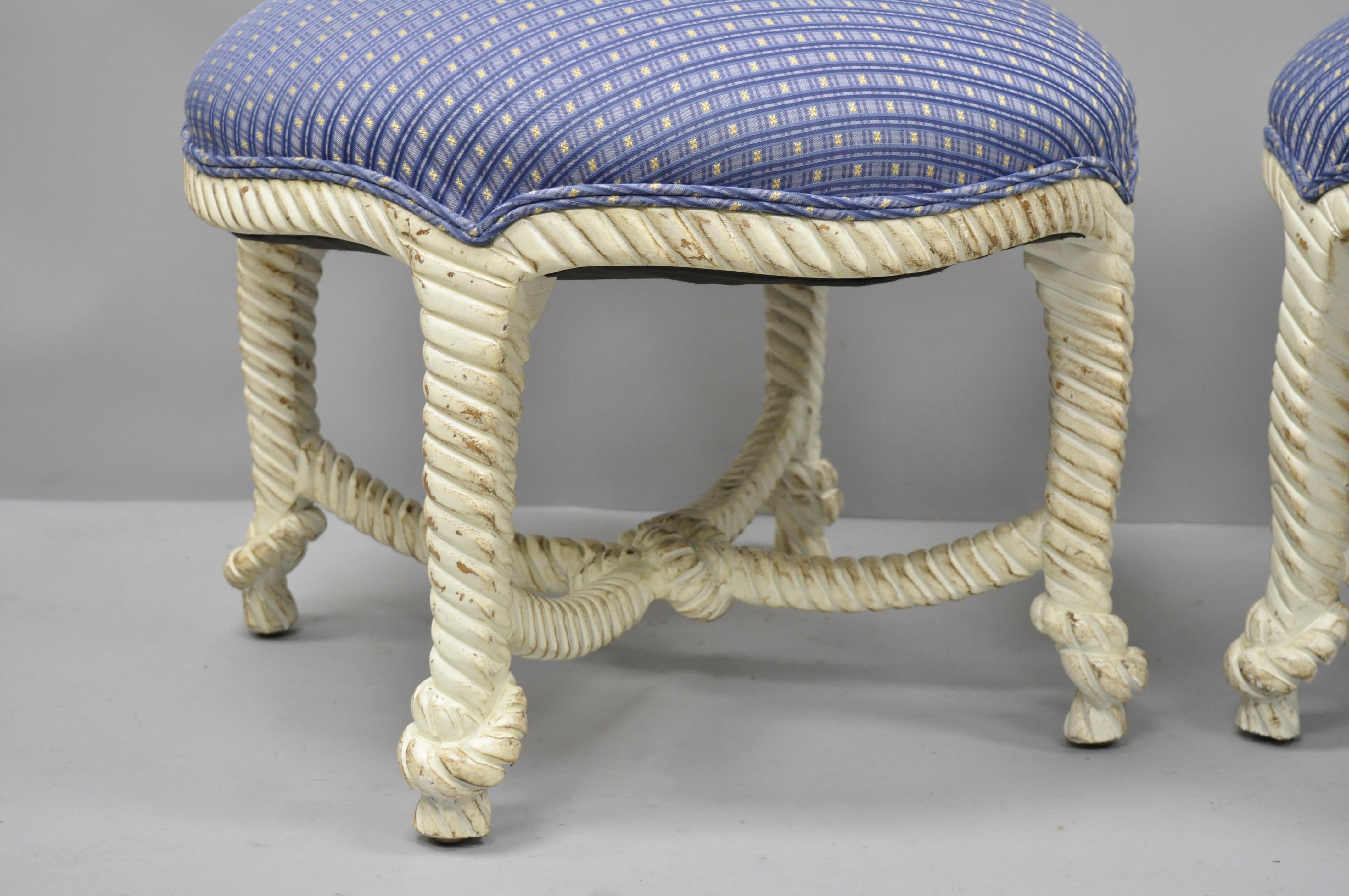 Italian Hollywood Regency Rope and Knot Carved Wood Pair Stools Napoleon III In Good Condition In Philadelphia, PA