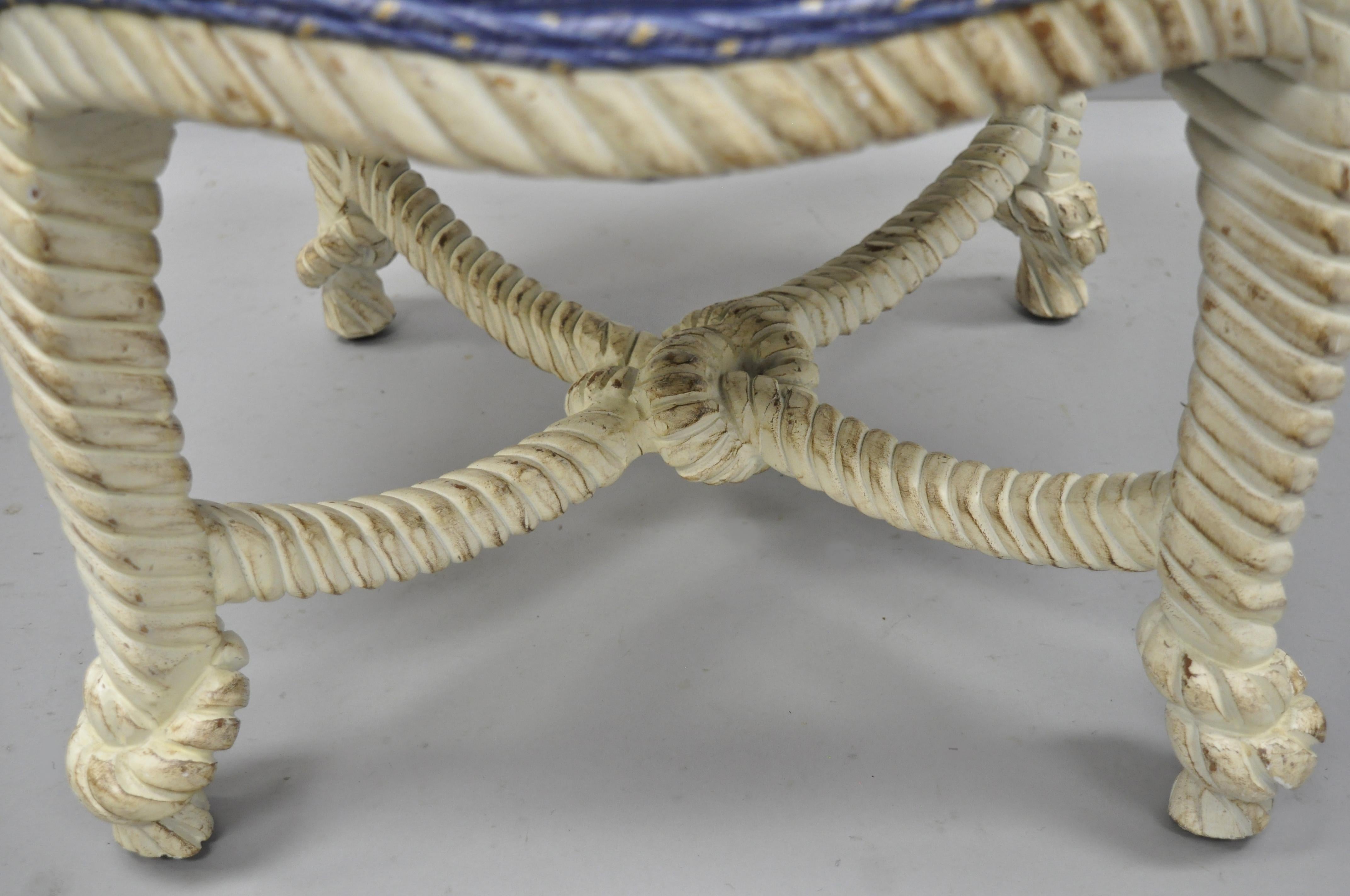 20th Century Italian Hollywood Regency Rope and Knot Carved Wood Pair Stools Napoleon III For Sale