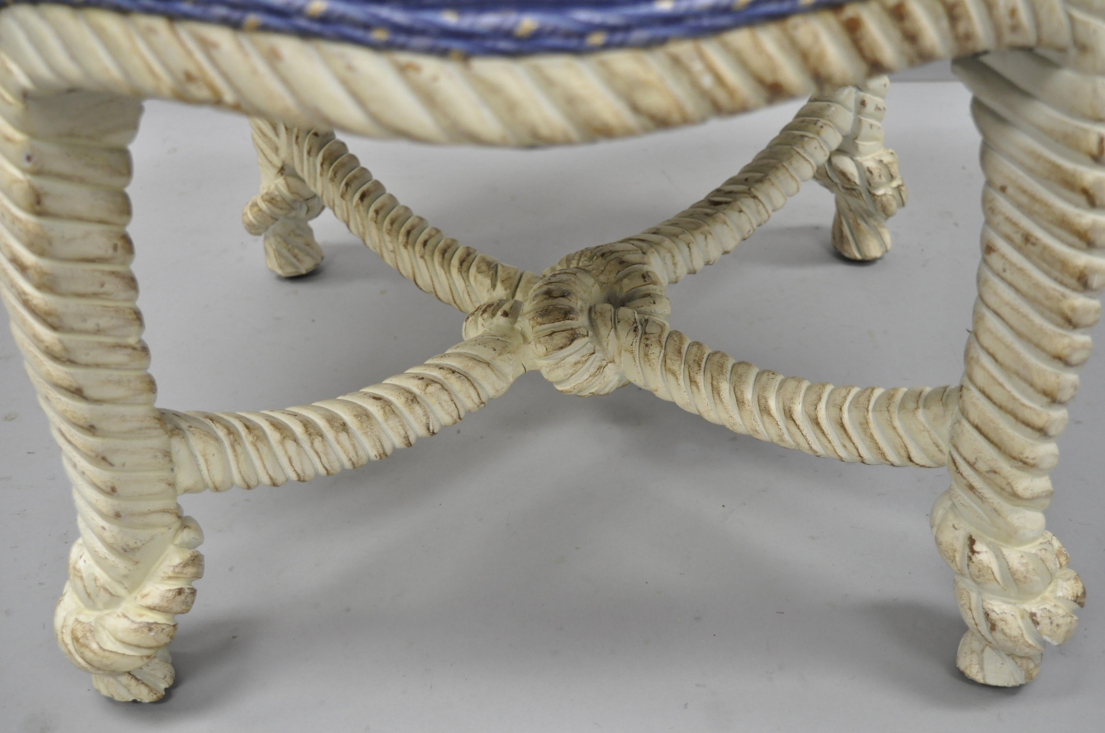 20th Century Italian Hollywood Regency Rope and Knot Carved Wood Pair Stools Napoleon III