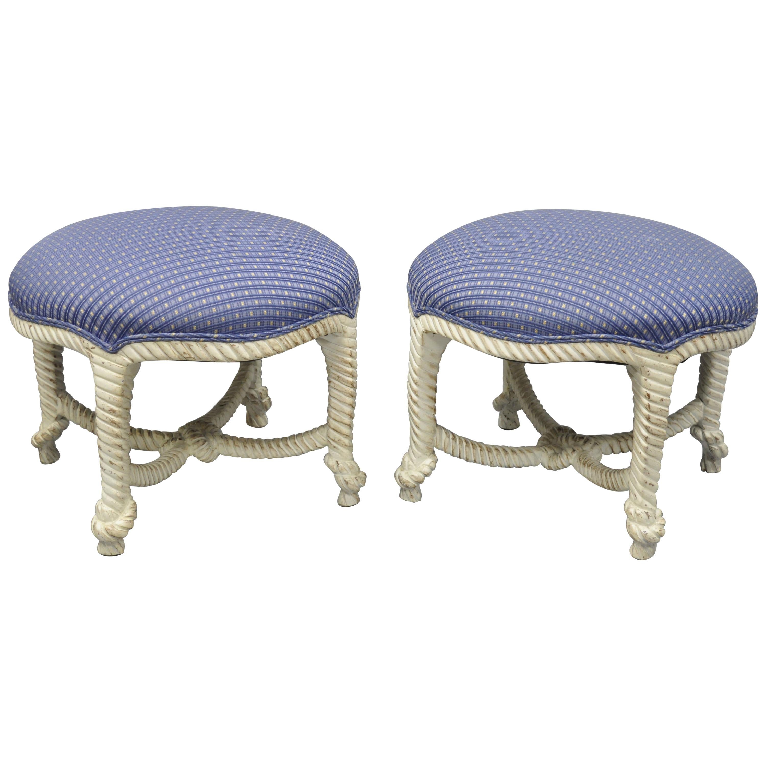 Italian Hollywood Regency Rope and Knot Carved Wood Pair Stools Napoleon III For Sale