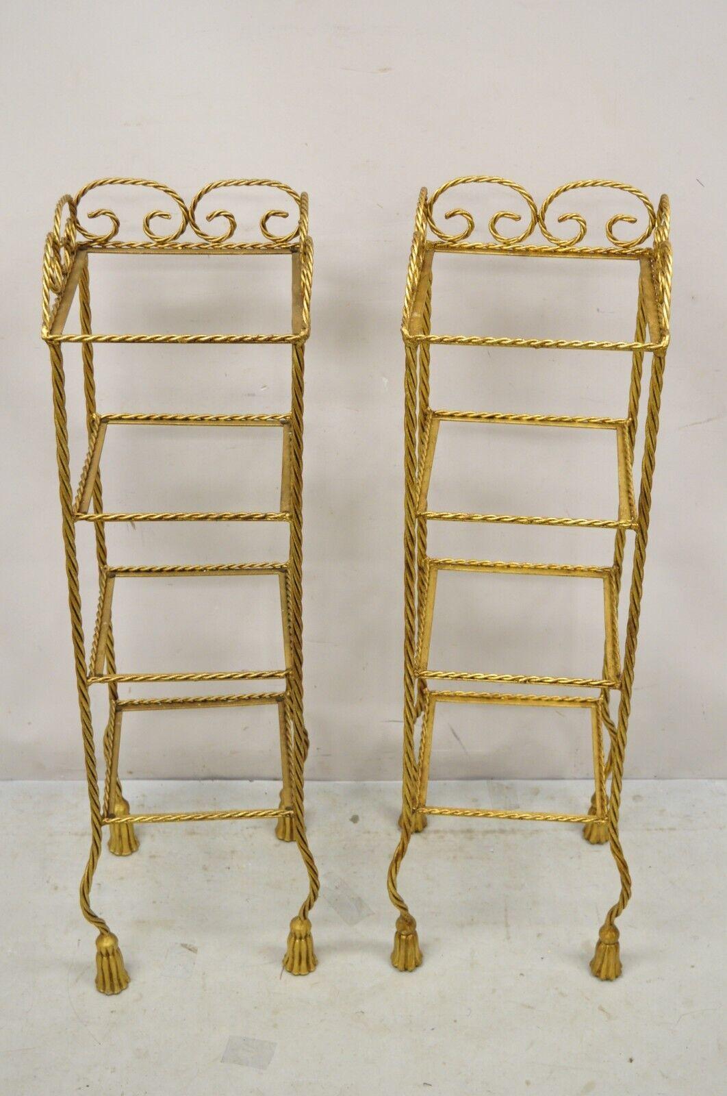 Italian Hollywood Regency Rope Tassel Gold 4 Tier Iron Display Rack Shelf, Pair For Sale 6