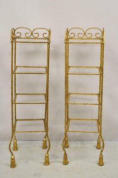 Italian Hollywood Regency Rope Tassel Gold 4 Tier Iron Display Rack Shelf, Pair