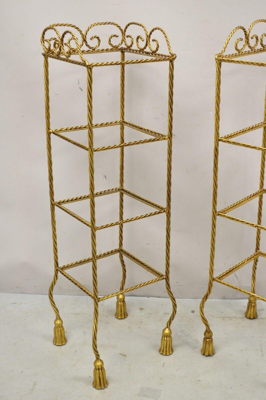 20th Century Italian Hollywood Regency Rope Tassel Gold 4 Tier Iron Display Rack Shelf, Pair For Sale