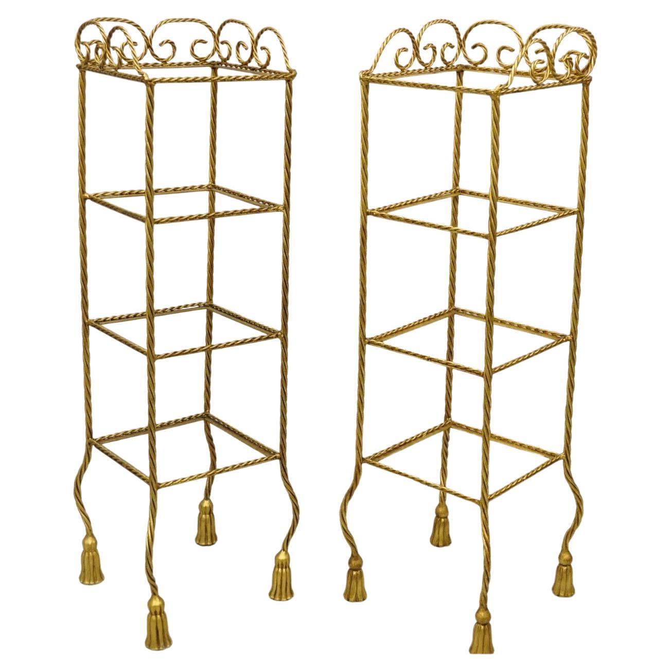 Italian Hollywood Regency Rope Tassel Gold 4 Tier Iron Display Rack Shelf, Pair For Sale