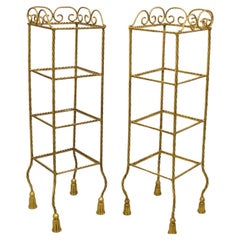 Vintage Italian Hollywood Regency Rope Tassel Gold 4 Tier Iron Display Rack Shelf, Pair