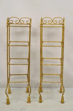 Italian Hollywood Regency Rope Tassel Gold 4 Tier Iron Etagere Shelf - a Pair