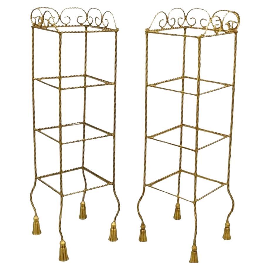 Italian Hollywood Regency Rope Tassel Gold 4 Tier Iron Etagere Shelf - a Pair For Sale