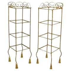 Italian Hollywood Regency Rope Tassel Gold 4 Tier Iron Etagere Shelf - a Pair