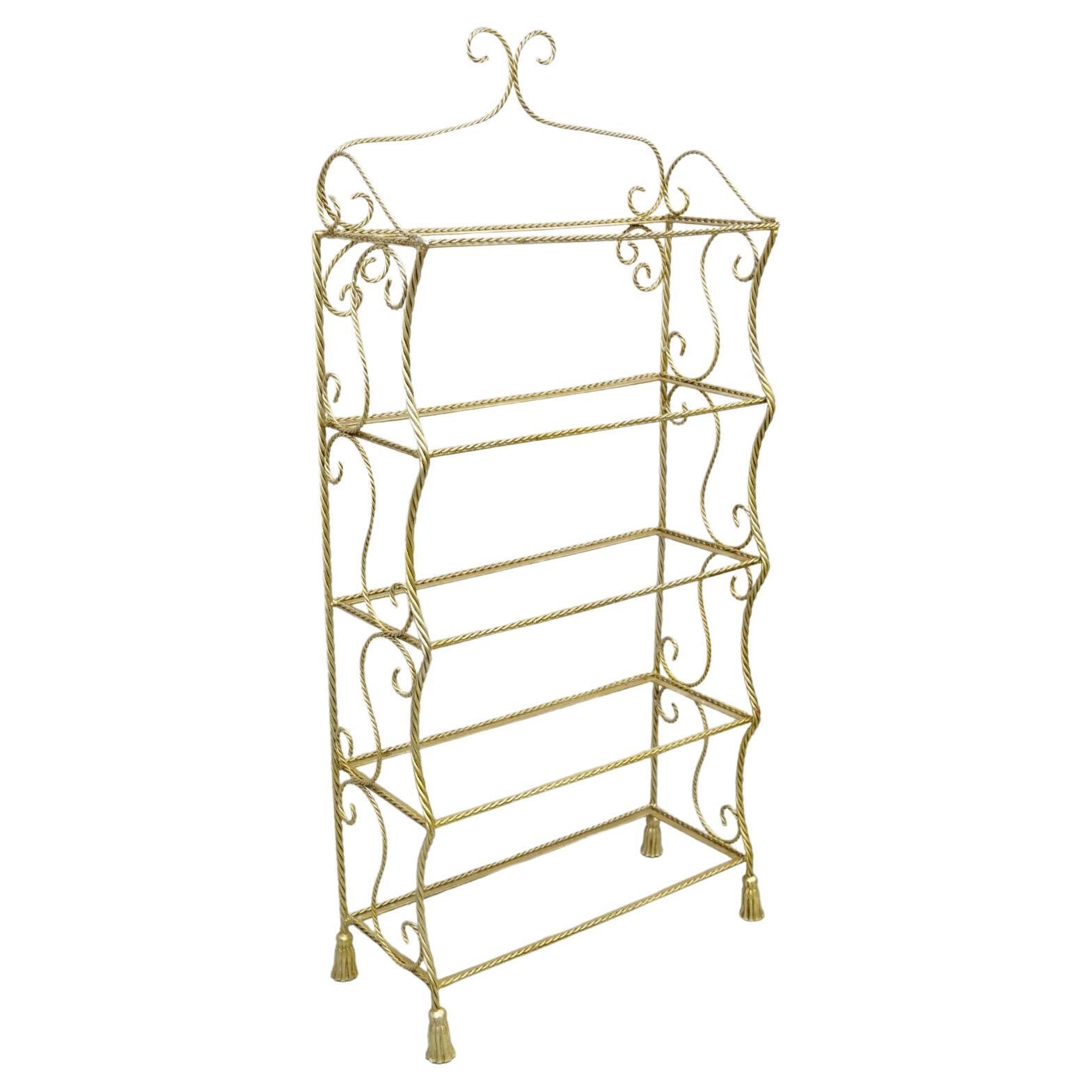 Italian Hollywood Regency Rope Tassel Silver Gold 5 Tier Iron Bakers Rack Shelf For Sale