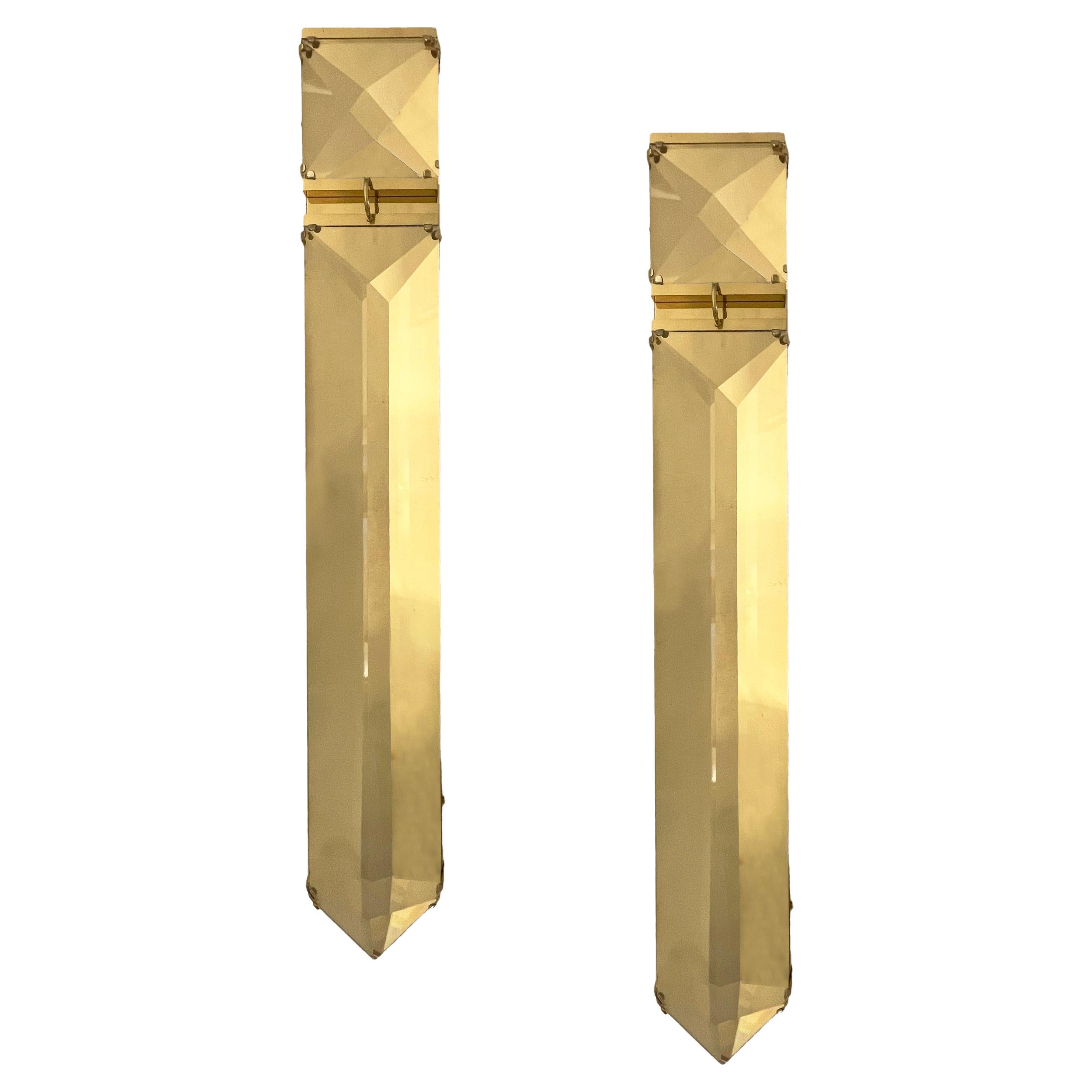Italian Hollywood Regency Sculptural Crystal Lucite Decorative Tall Wall Lights For Sale