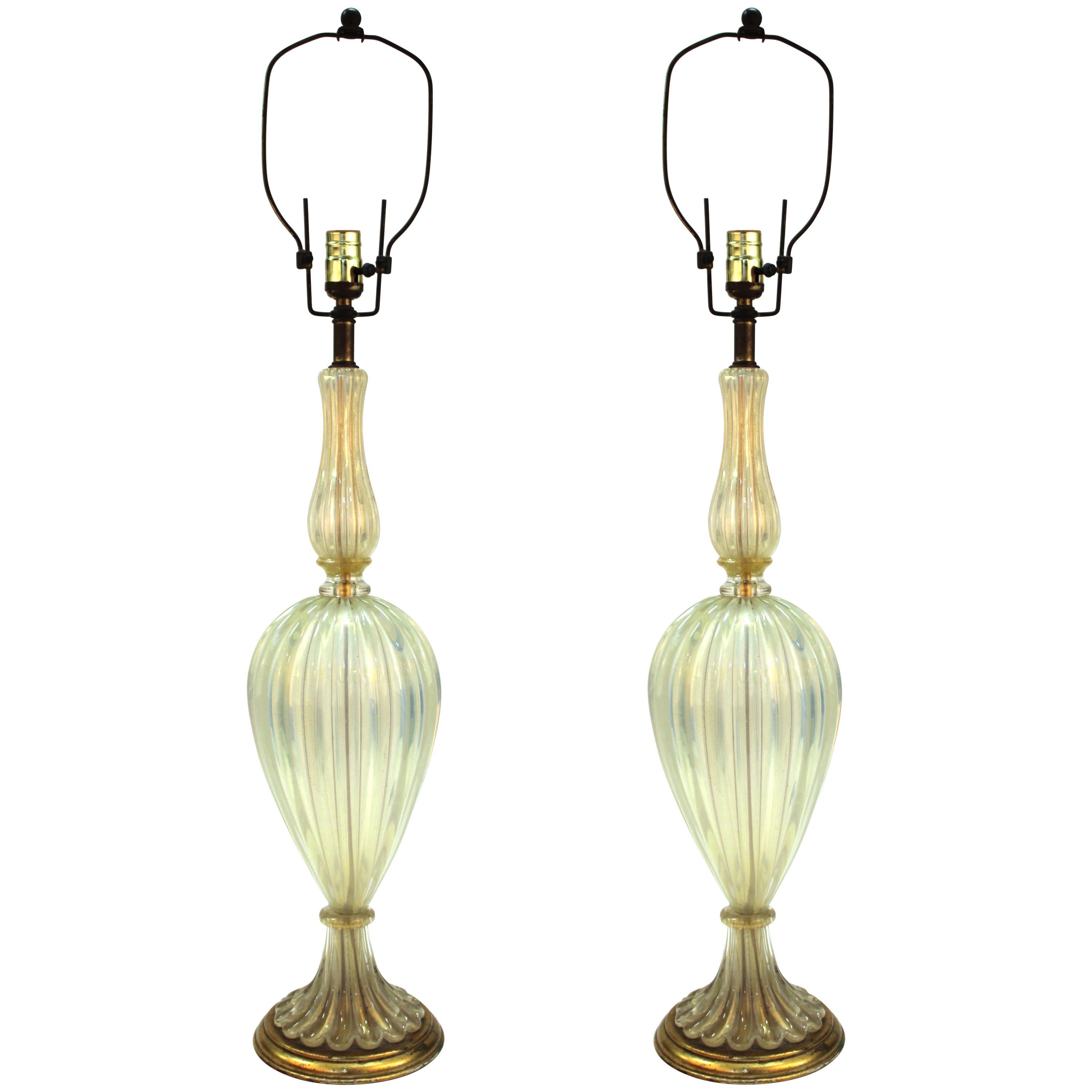 Italian Hollywood Regency Seguso Murano Glass Table Lamps with Gold Flecks