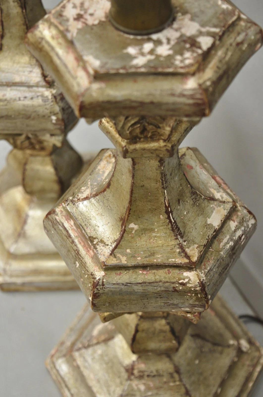 Italian Hollywood Regency Silver Carved Giltwood Candlestick Table Lamps a Pair For Sale 4