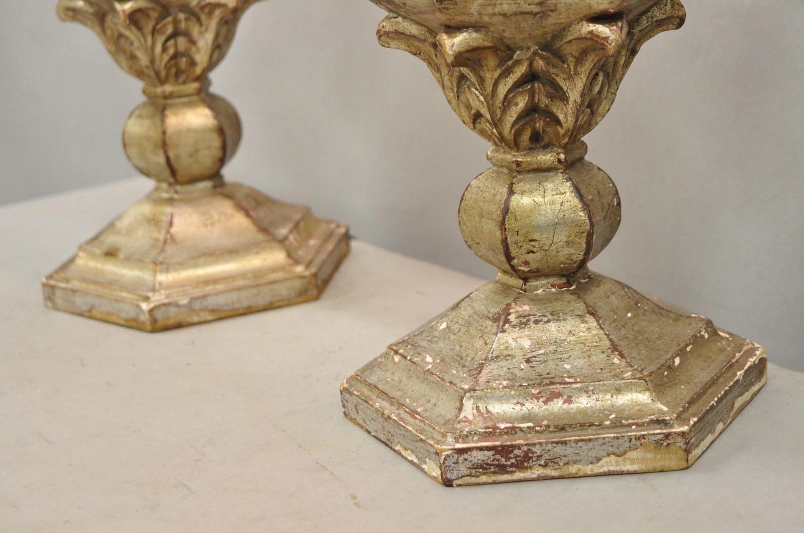 Italian Hollywood Regency Silver Carved Giltwood Candlestick Table Lamps a Pair For Sale 5