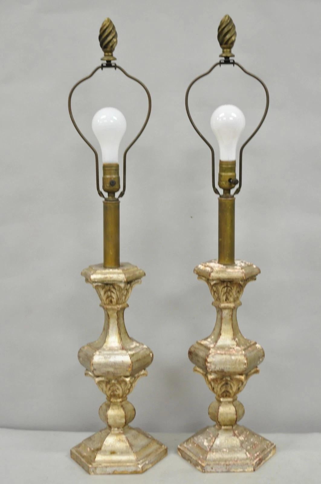 Italian Hollywood Regency Silver Carved Giltwood Candlestick Table Lamps a Pair For Sale 6