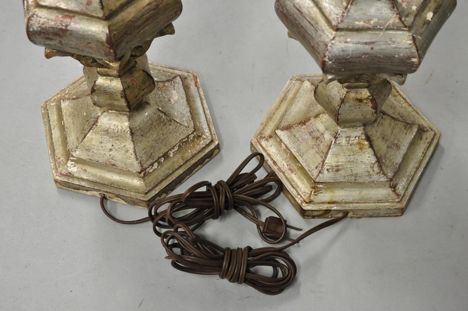 Italian Hollywood Regency Silver Carved Giltwood Candlestick Table Lamps a Pair For Sale 7