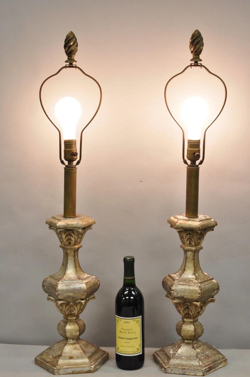 Vintage Italian Hollywood Regency Silver Carved Giltwood Candlestick Table Lamps - a Pair. Circa Mid 20th Century. Measurements: 34