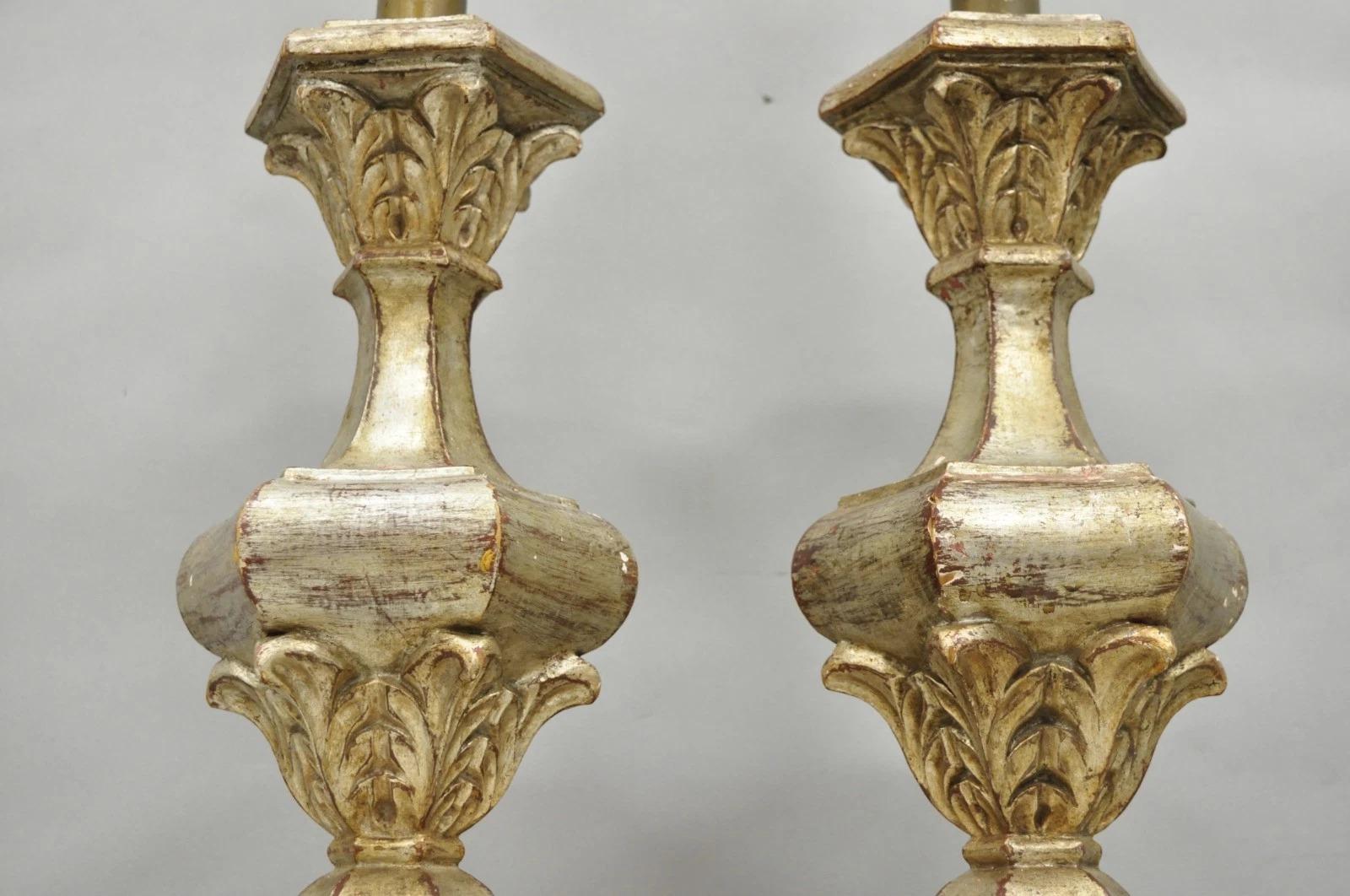 Italian Hollywood Regency Silver Carved Giltwood Candlestick Table Lamps a Pair In Good Condition For Sale In Philadelphia, PA