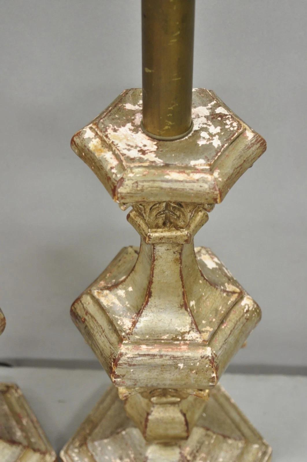 Wood Italian Hollywood Regency Silver Carved Giltwood Candlestick Table Lamps a Pair For Sale