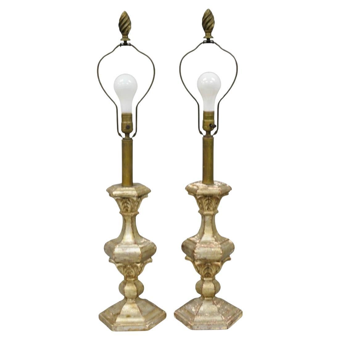 Italian Hollywood Regency Silver Carved Giltwood Candlestick Table Lamps a Pair For Sale