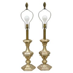 Italian Hollywood Regency Silver Carved Giltwood Candlestick Table Lamps a Pair