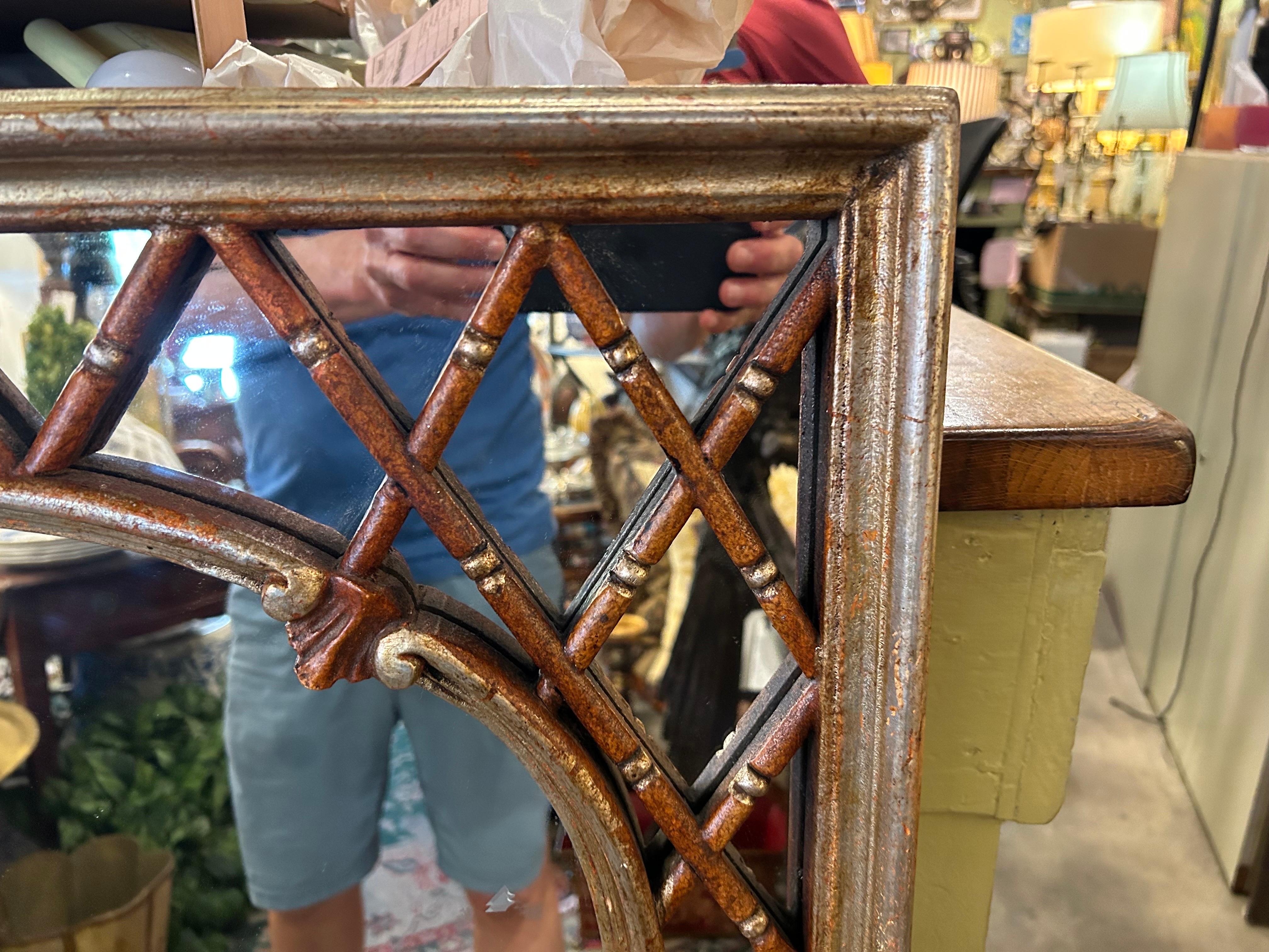 Wood Italian Hollywood Regency Silver Gilt Lattice Mirror For Sale