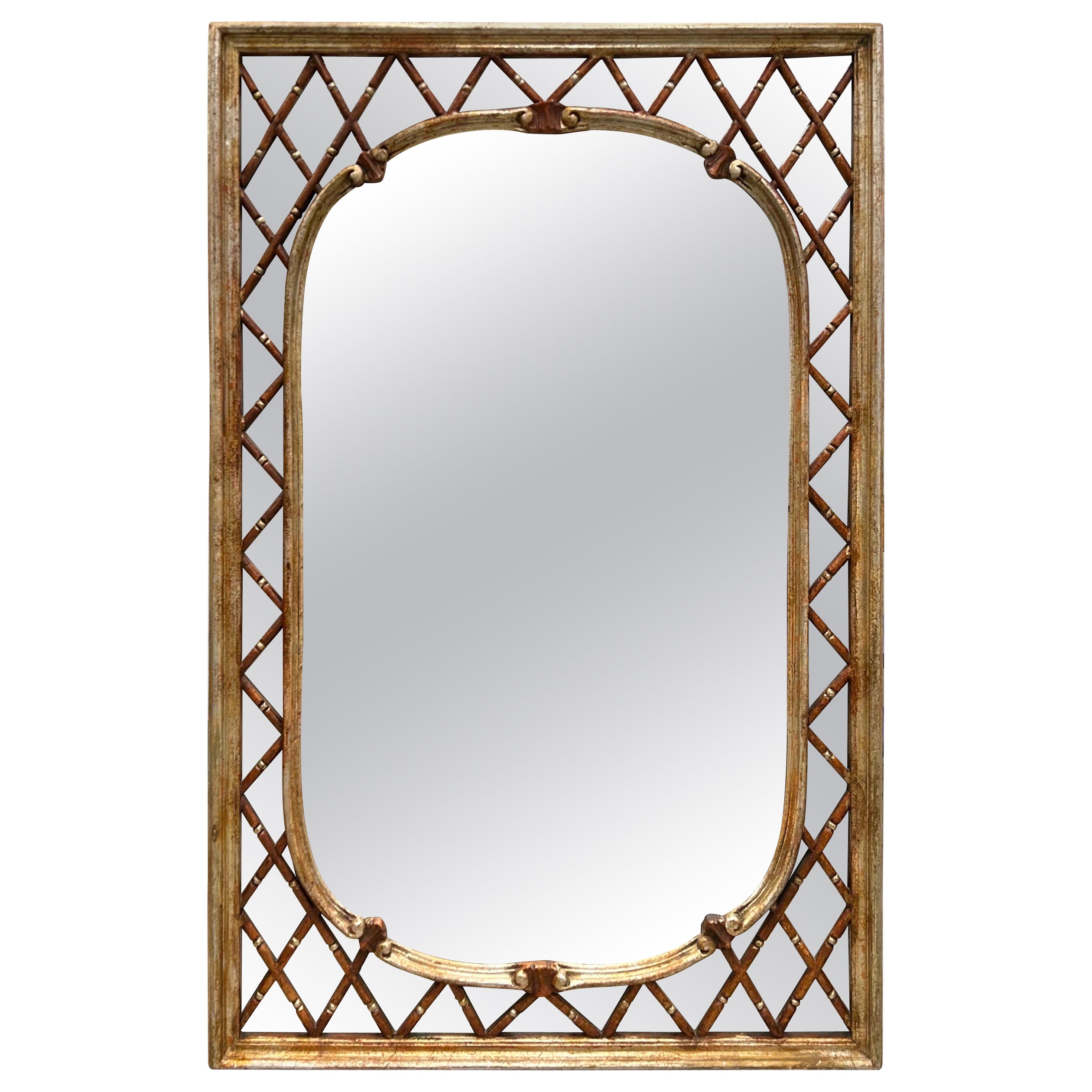 Italian Hollywood Regency Silver Gilt Lattice Mirror For Sale