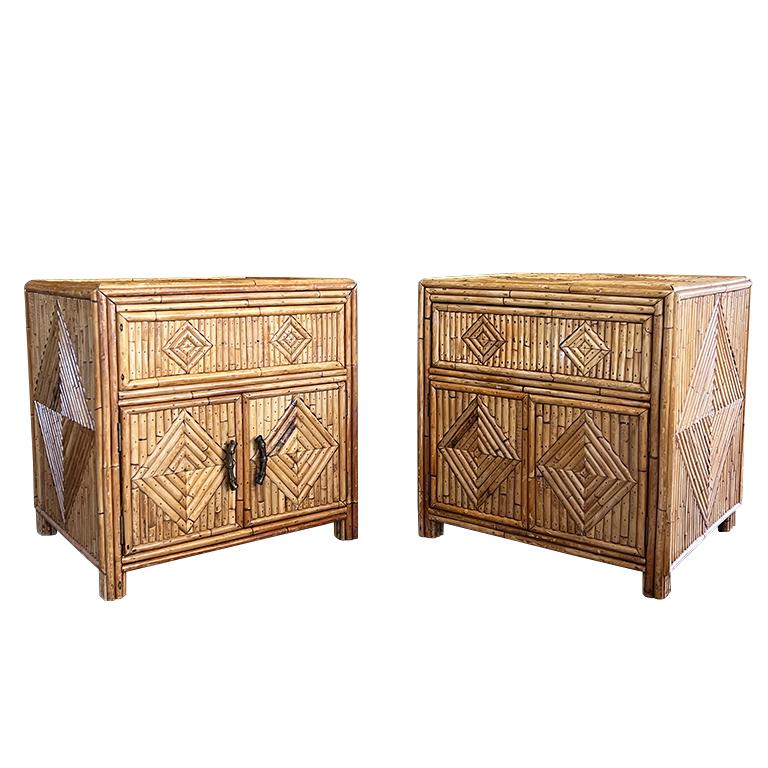 Italian Hollywood Regency Split Reed Bamboo Night Stands or Side Tables - A Pair 4