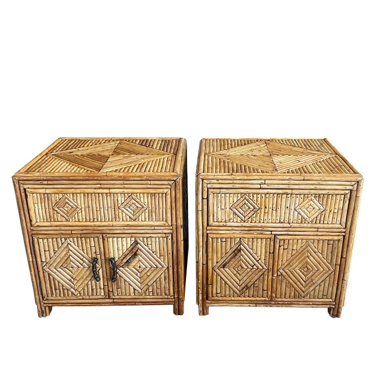 Italian Hollywood Regency Split Reed Bamboo Night Stands or Side Tables - A Pair 3