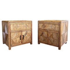 Italian Hollywood Regency Split Reed Bamboo Night Stands or Side Tables - A Pair