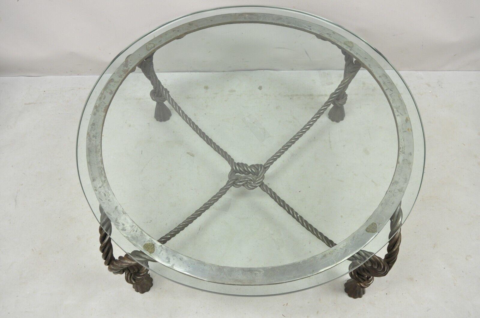 20th Century Italian Hollywood Regency Steel Knotted Rope and Tassel Round Glass Coffee Table For Sale