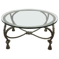 Antique Italian Hollywood Regency Steel Knotted Rope and Tassel Round Glass Coffee Table