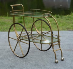 Italian Hollywood Regency Style Brass and Glass Two Tier Bar Cart or Trolley