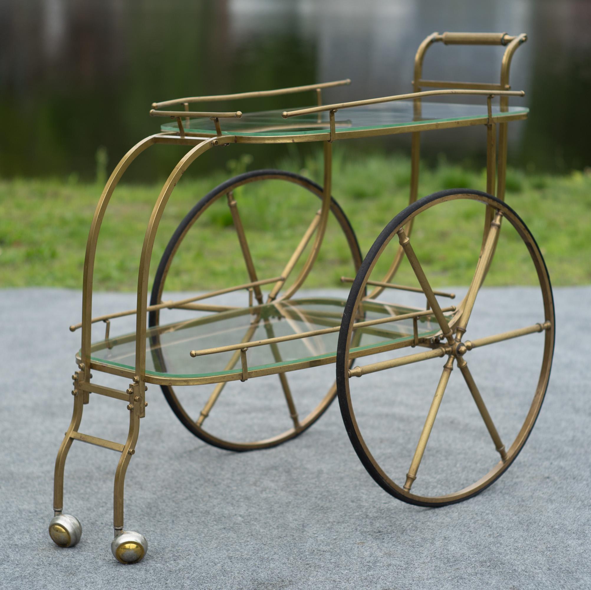 Mid-20th Century Italian Hollywood Regency Style Brass and Glass Two Tier Bar Cart or Trolley For Sale